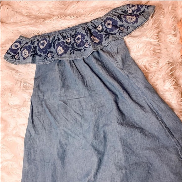 Embroidered Floral Ruffle Off the Shoulder Dress faux denim jean short strapless - Picture 6 of 6